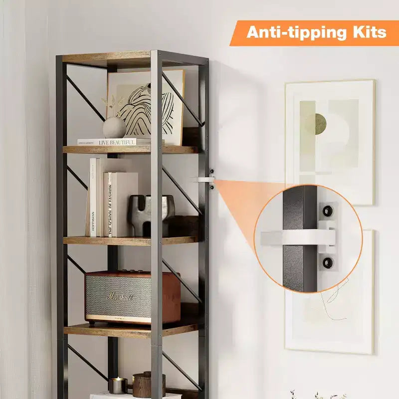 Bookshelf Narrow Bookcase Tall Skinny Storage Rack Shelf 6 Tier Standing Bookshelves Metal Frame Rustic Display Racks Industrial Book Shelf for Bedroo