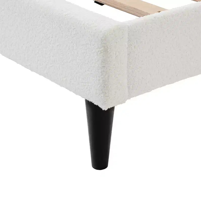 Cream White Petal Headboard Bed Frame with Ambient Light, Full/Queen Size Soft Boucle Upholstered Platform Bed - ModernLuxe