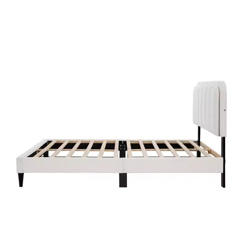 Cream White Petal Headboard Bed Frame with Ambient Light, Full/Queen Size Soft Boucle Upholstered Platform Bed - ModernLuxe