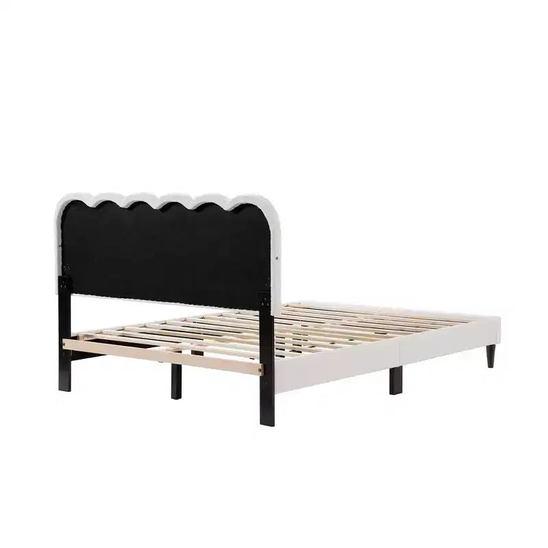 Cream White Petal Headboard Bed Frame with Ambient Light, Full/Queen Size Soft Boucle Upholstered Platform Bed - ModernLuxe