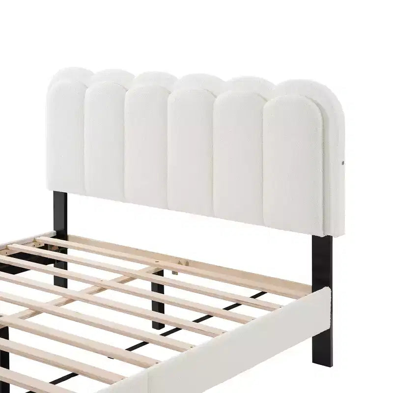 Cream White Petal Headboard Bed Frame with Ambient Light, Full/Queen Size Soft Boucle Upholstered Platform Bed - ModernLuxe