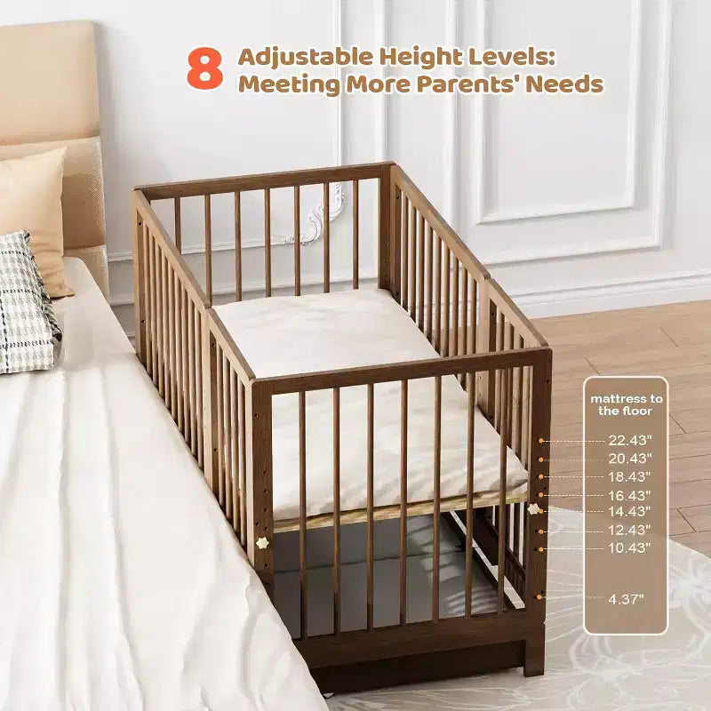 JOYMOR 8 in 1 Convertible Crib with Drawer, Include 2 Mattress, Converts to Bassinet, Mid Crib, Full Size Crib, Daybed,Toddler Bed and Playard