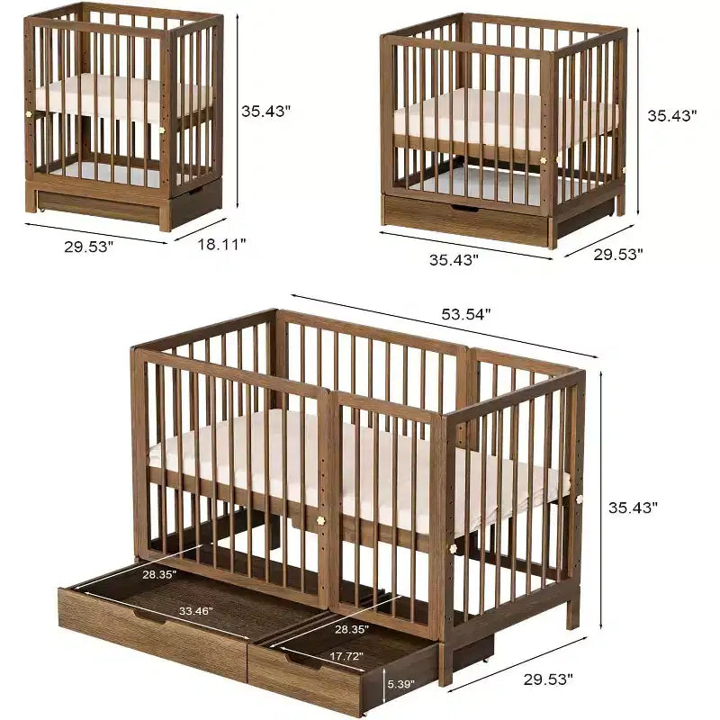 JOYMOR 8 in 1 Convertible Crib with Drawer, Include 2 Mattress, Converts to Bassinet, Mid Crib, Full Size Crib, Daybed,Toddler Bed and Playard