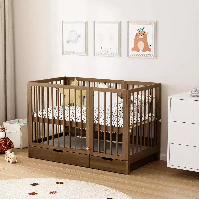 JOYMOR 8 in 1 Convertible Crib with Drawer, Include 2 Mattress, Converts to Bassinet, Mid Crib, Full Size Crib, Daybed,Toddler Bed and Playard