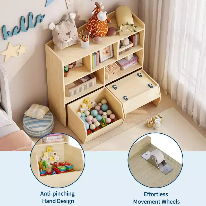 Toy Storage Organizer with 2 Movable Drawers, Toy Organizer with 5 Open Cubbies, Multifunctional Floor Storage Chest for Playroom