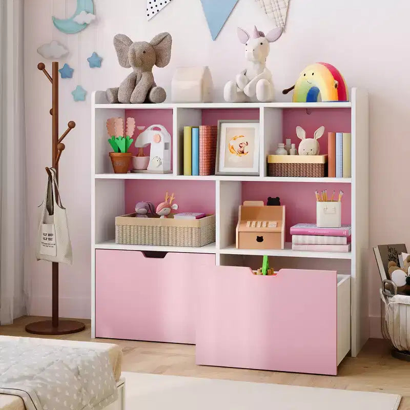 Toy Storage Organizer with 2 Movable Drawers, Toy Organizer with 5 Open Cubbies, Multifunctional Floor Storage Chest for Playroom