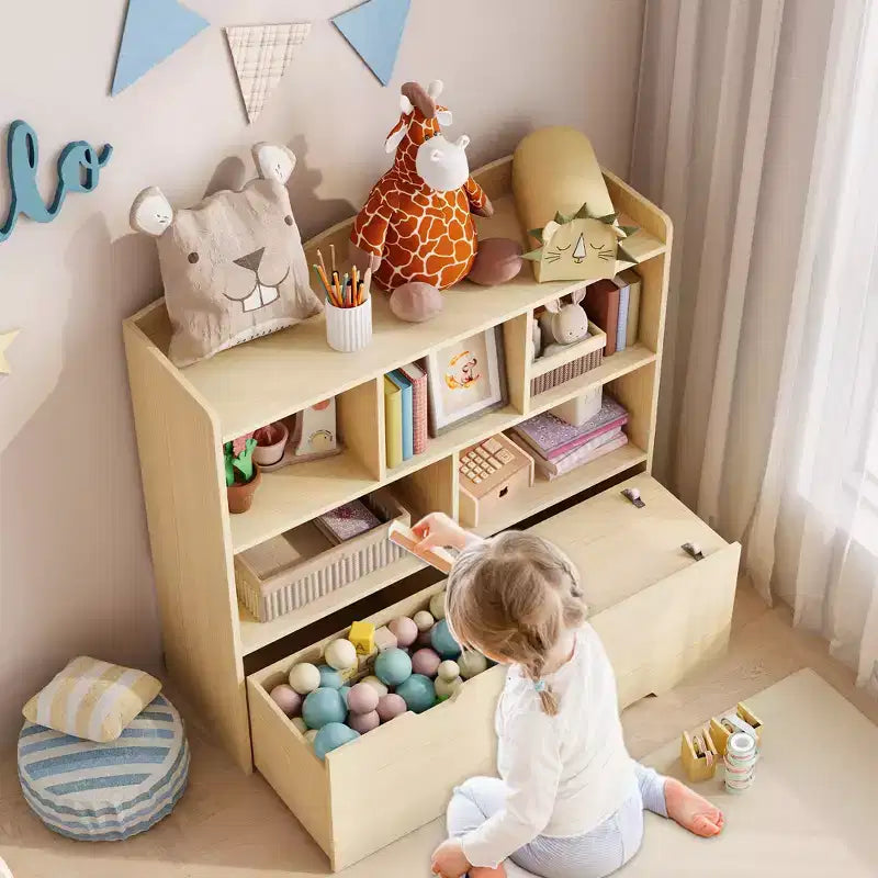 Toy Storage Organizer with 2 Movable Drawers, Toy Organizer with 5 Open Cubbies, Multifunctional Floor Storage Chest for Playroom