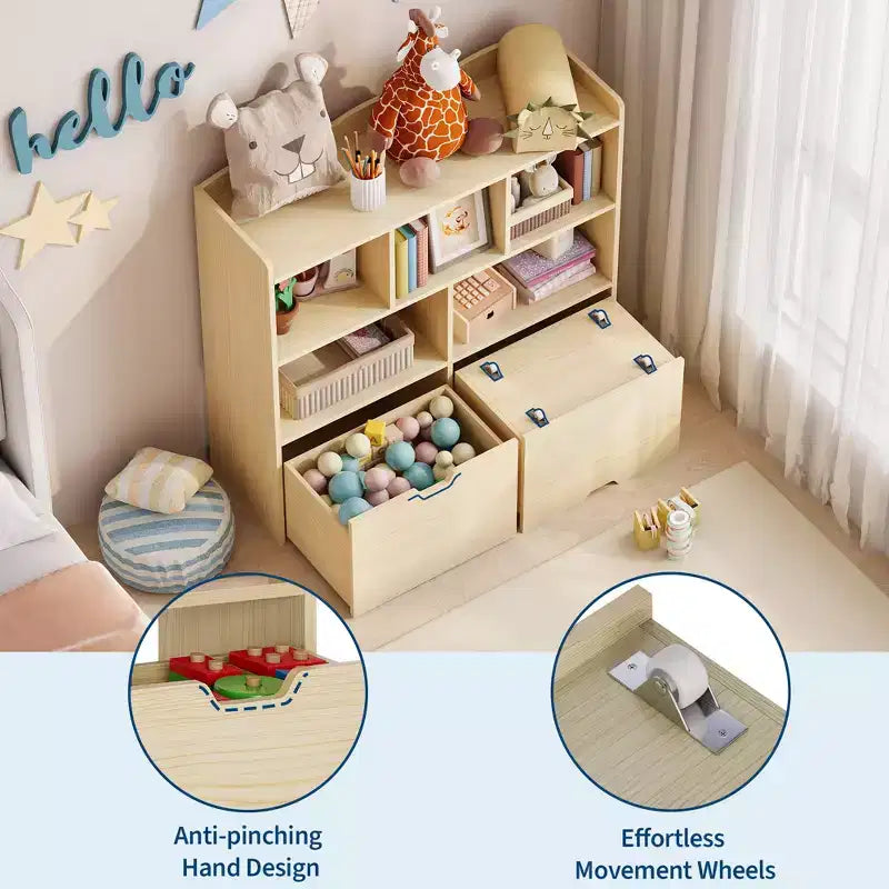 Toy Storage Organizer with 2 Movable Drawers, Toy Organizer with 5 Open Cubbies, Multifunctional Floor Storage Chest for Playroom