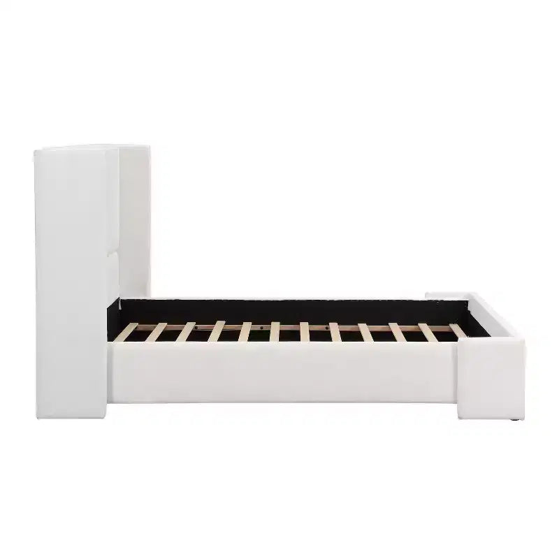 Elegant Upholstered Platform Bed with Tall Wingback Headboard, Queen/King Size Bed Frame, White - ModernLuxe