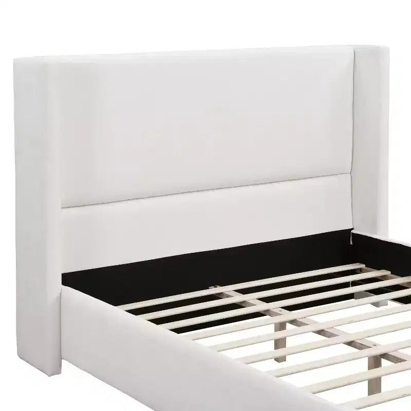 Elegant Upholstered Platform Bed with Tall Wingback Headboard, Queen/King Size Bed Frame, White - ModernLuxe