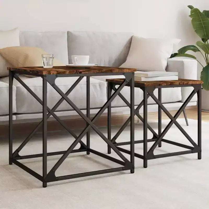 vidaXL Nesting Coffee Table Set of 2 - Smoked Oak Engineered Wood with Metal Frame for Living Room, Office - Versatile Furniture