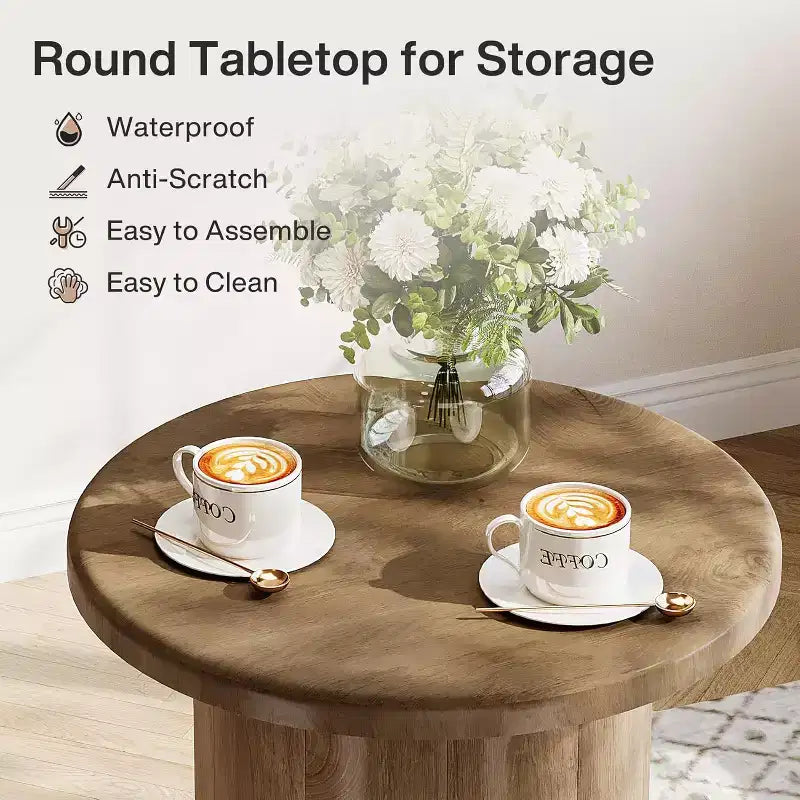 Lantine Round Side Table with Fluted Base, 20-Inch Nightstand, for Living Room Bedroom Small Space ,Rustic Brown