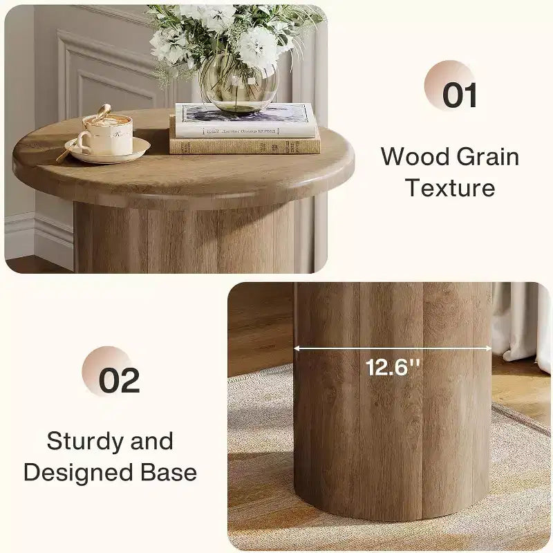 Lantine Round Side Table with Fluted Base, 20-Inch Nightstand, for Living Room Bedroom Small Space ,Rustic Brown