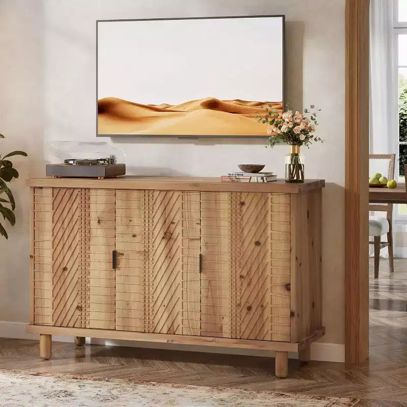 Lantine Solid Wood Buffet Cabinet with Storage, Farmhouse Sideboard Cabinet with 3 Doors and 2 Adjustable Shelves, for Kitchen and Entryway,Natural