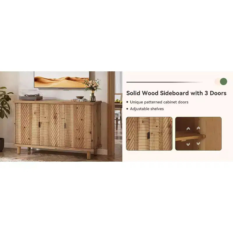 Lantine Solid Wood Buffet Cabinet with Storage, Farmhouse Sideboard Cabinet with 3 Doors and 2 Adjustable Shelves, for Kitchen and Entryway,Natural