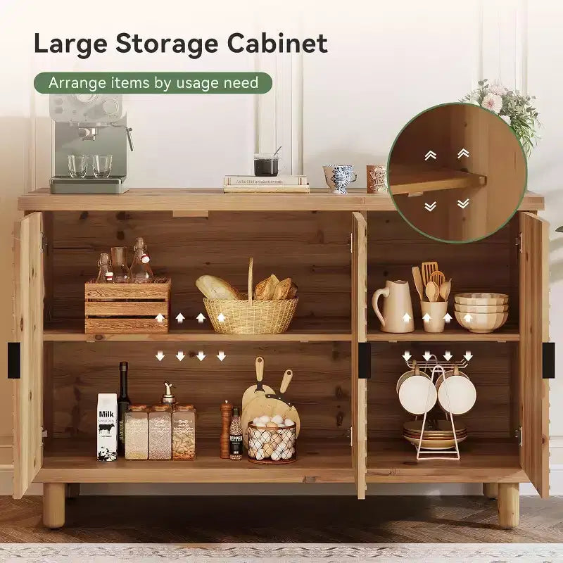Lantine Solid Wood Buffet Cabinet with Storage, Farmhouse Sideboard Cabinet with 3 Doors and 2 Adjustable Shelves, for Kitchen and Entryway,Natural