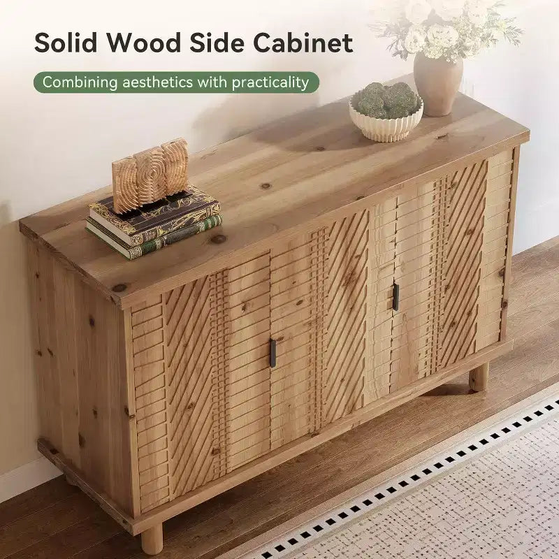 Lantine Solid Wood Buffet Cabinet with Storage, Farmhouse Sideboard Cabinet with 3 Doors and 2 Adjustable Shelves, for Kitchen and Entryway,Natural