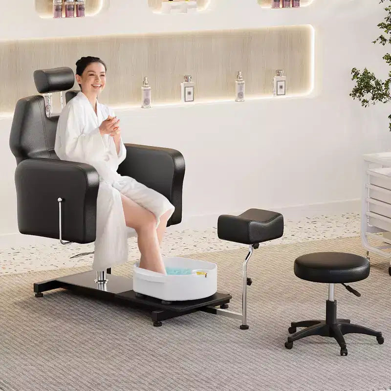 Pedicure chair with stool, footrest and massage foot basin, height adjustable, 360 degree rotating hydraulic reclining foot bath pedicure chair