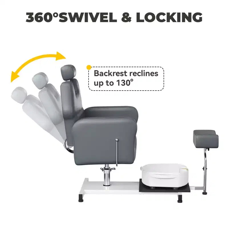 Pedicure chair with stool, footrest and massage foot basin, height adjustable, 360 degree rotating hydraulic reclining foot bath pedicure chair