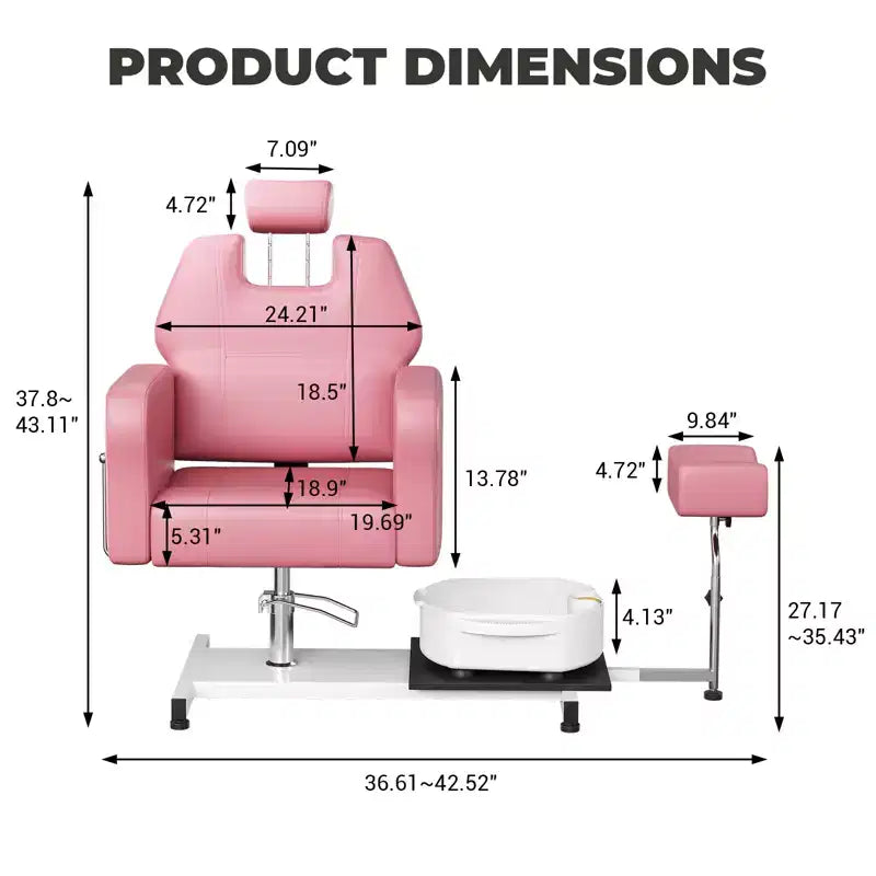 Pedicure chair with stool, footrest and massage foot basin, height adjustable, 360 degree rotating hydraulic reclining foot bath pedicure chair