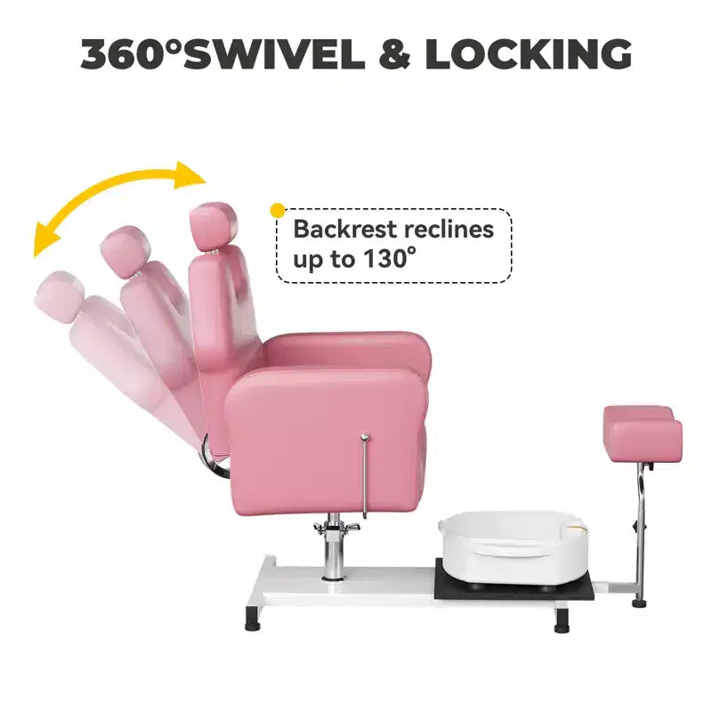 Pedicure chair with stool, footrest and massage foot basin, height adjustable, 360 degree rotating hydraulic reclining foot bath pedicure chair