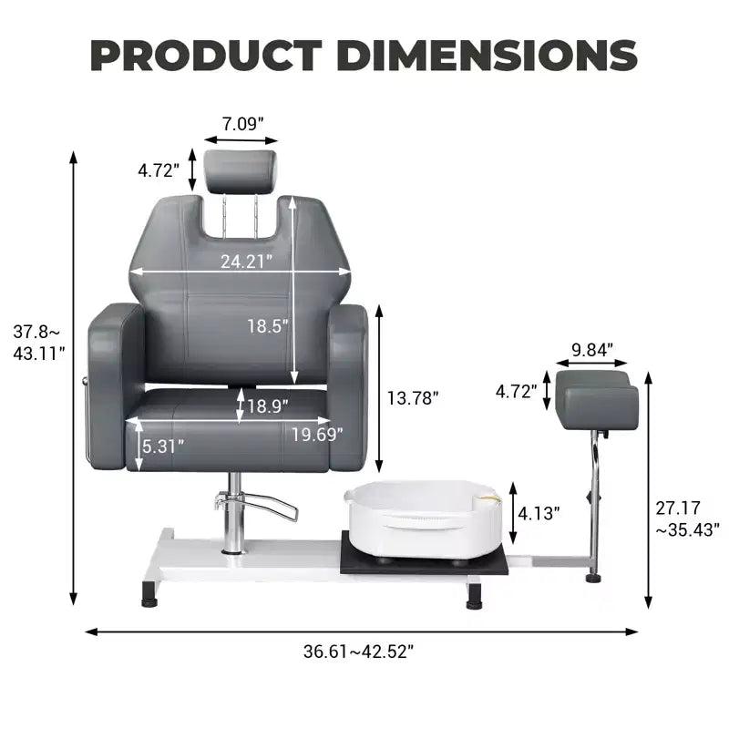 Pedicure chair with stool, footrest and massage foot basin, height adjustable, 360 degree rotating hydraulic reclining foot bath pedicure chair