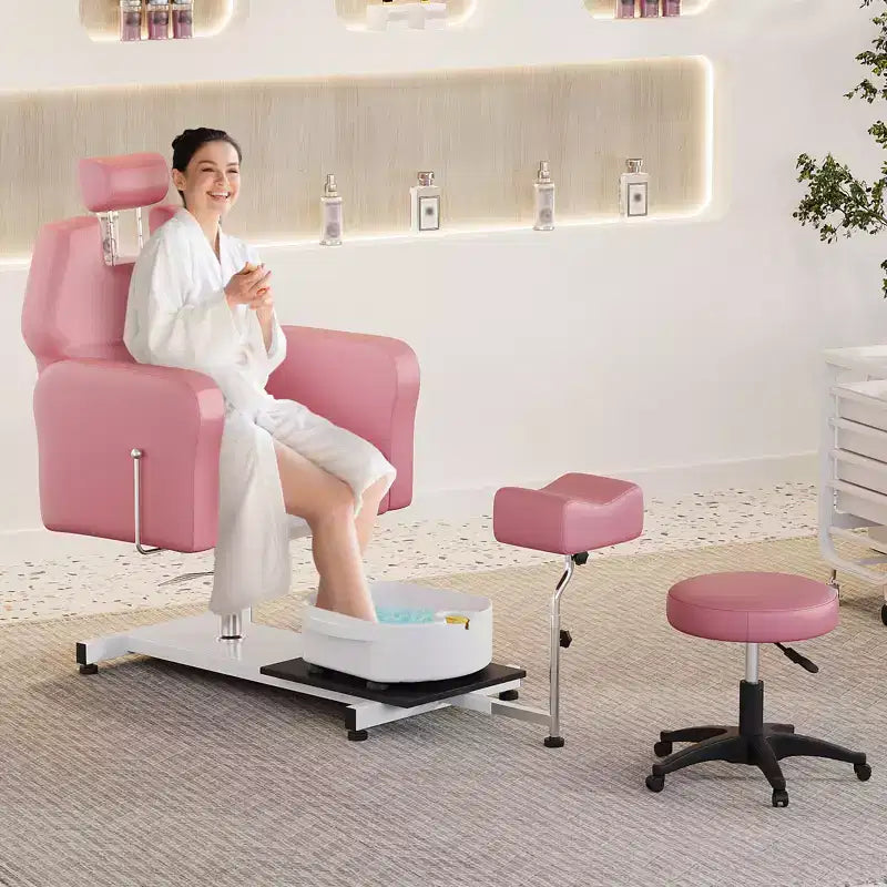 Pedicure chair with stool, footrest and massage foot basin, height adjustable, 360 degree rotating hydraulic reclining foot bath pedicure chair