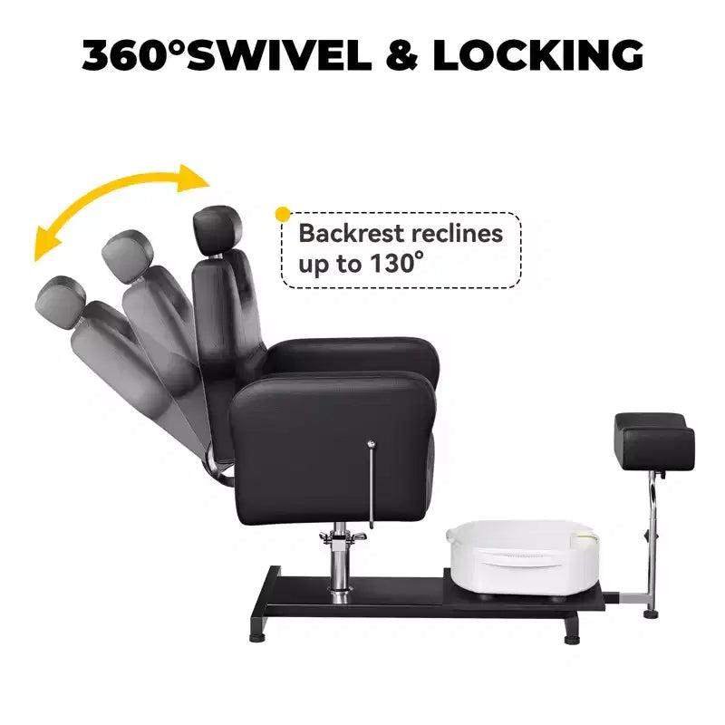 Pedicure chair with stool, footrest and massage foot basin, height adjustable, 360 degree rotating hydraulic reclining foot bath pedicure chair