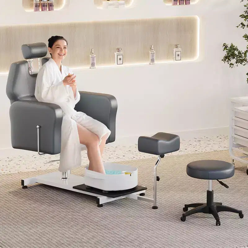Pedicure chair with stool, footrest and massage foot basin, height adjustable, 360 degree rotating hydraulic reclining foot bath pedicure chair
