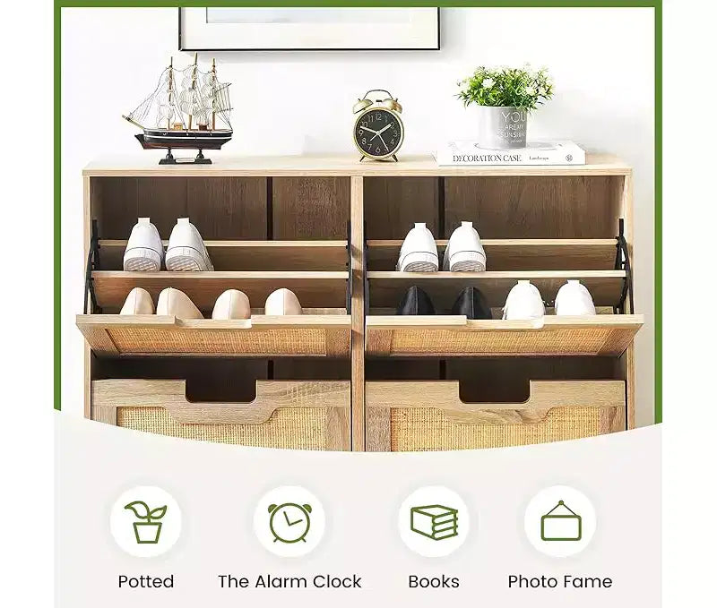 Woven Shoe Cabinet - 4-Door Rack with Adjustable Shelves, Rustic Entryway Organizer for Hallway