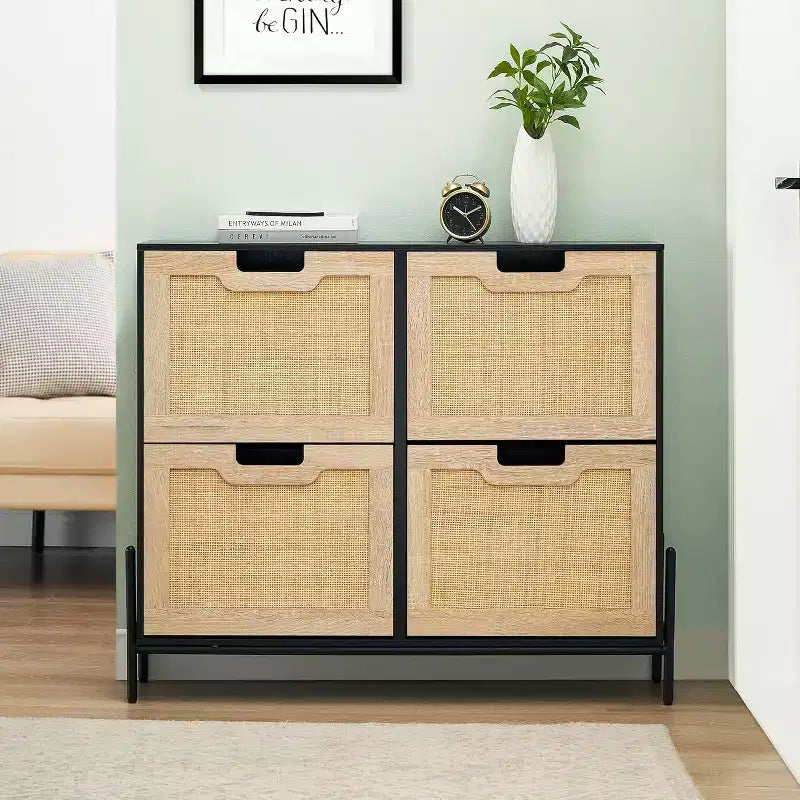 Woven Shoe Cabinet - 4-Door Rack with Adjustable Shelves, Rustic Entryway Organizer for Hallway