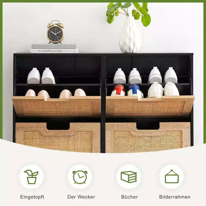 Woven Shoe Cabinet - 4-Door Rack with Adjustable Shelves, Rustic Entryway Organizer for Hallway