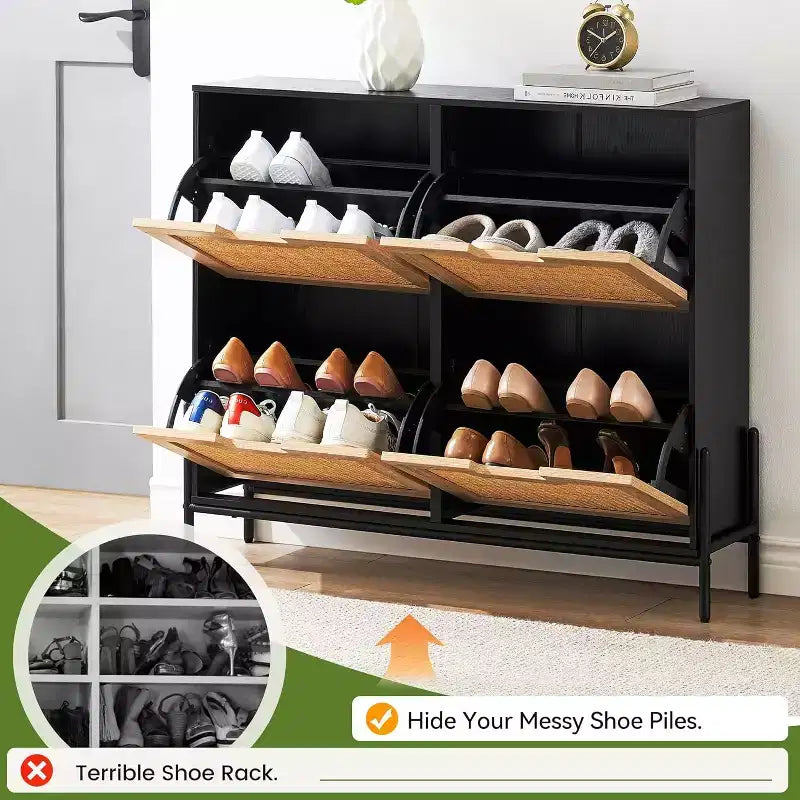 Woven Shoe Cabinet - 4-Door Rack with Adjustable Shelves, Rustic Entryway Organizer for Hallway