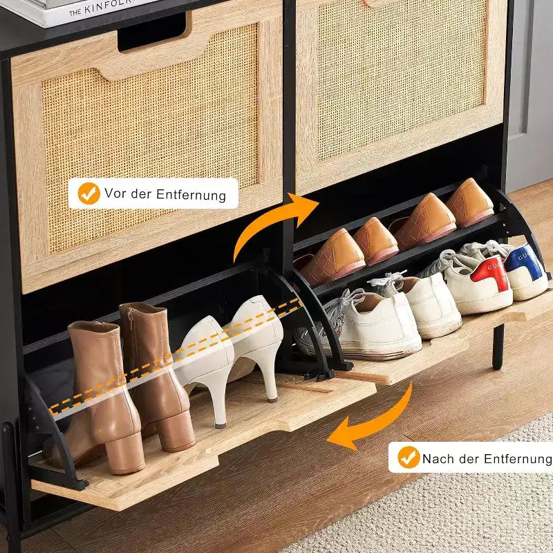 Woven Shoe Cabinet - 4-Door Rack with Adjustable Shelves, Rustic Entryway Organizer for Hallway