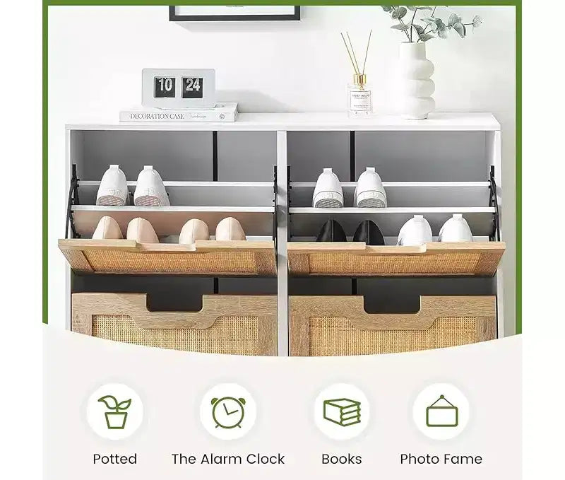 Woven Shoe Cabinet - 4-Door Rack with Adjustable Shelves, Rustic Entryway Organizer for Hallway