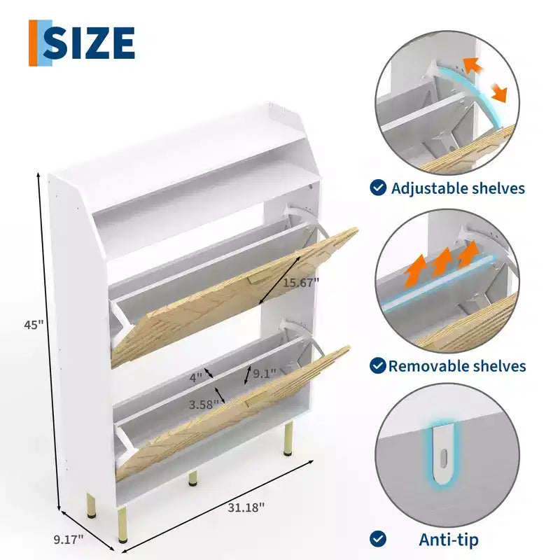 Wooden Shoe Cabinet with 2 Flip-Top Drawers, Narrow Freestanding Shoe Rack with Open Shelves, Concealed Shoe Rack for Entryways, Living Rooms
