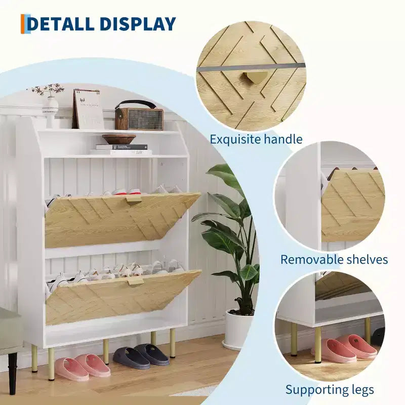 Wooden Shoe Cabinet with 2 Flip-Top Drawers, Narrow Freestanding Shoe Rack with Open Shelves, Concealed Shoe Rack for Entryways, Living Rooms