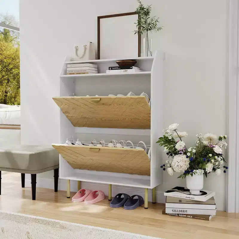 Wooden Shoe Cabinet with 2 Flip-Top Drawers, Narrow Freestanding Shoe Rack with Open Shelves, Concealed Shoe Rack for Entryways, Living Rooms