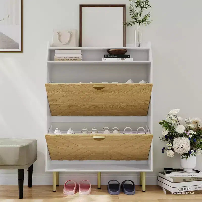 Wooden Shoe Cabinet with 2 Flip-Top Drawers, Narrow Freestanding Shoe Rack with Open Shelves, Concealed Shoe Rack for Entryways, Living Rooms