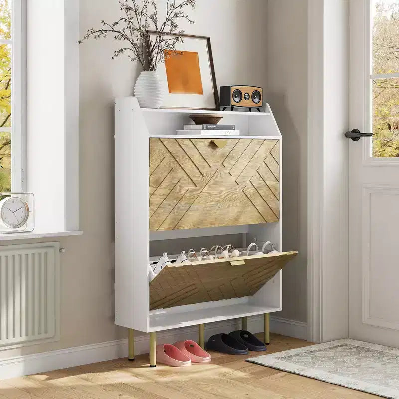 Wooden Shoe Cabinet with 2 Flip-Top Drawers, Narrow Freestanding Shoe Rack with Open Shelves, Concealed Shoe Rack for Entryways, Living Rooms