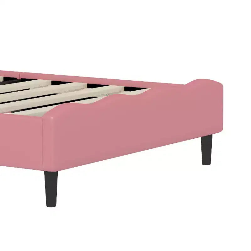 Twin/Full Princess Bed for Girls Kids, Wood Platform Bed Frame with Tufted Headboard, PU Bed Frame with Crown Upholstered Headboard, Pink