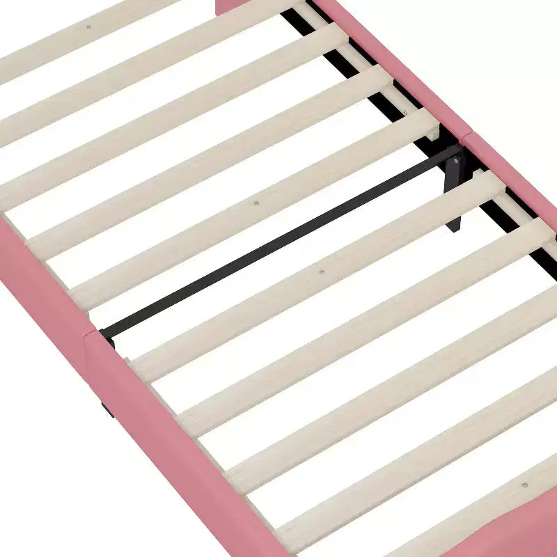 Twin/Full Princess Bed for Girls Kids, Wood Platform Bed Frame with Tufted Headboard, PU Bed Frame with Crown Upholstered Headboard, Pink