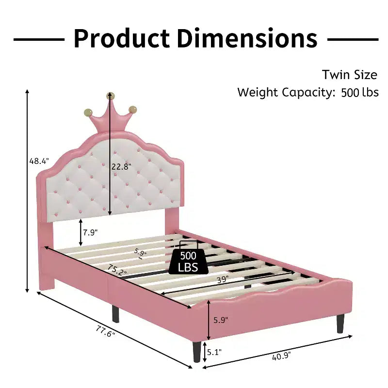 Twin/Full Princess Bed for Girls Kids, Wood Platform Bed Frame with Tufted Headboard, PU Bed Frame with Crown Upholstered Headboard, Pink