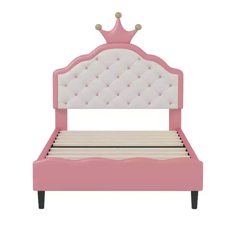 Twin/Full Princess Bed for Girls Kids, Wood Platform Bed Frame with Tufted Headboard, PU Bed Frame with Crown Upholstered Headboard, Pink