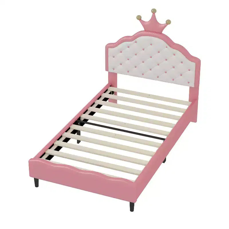 Twin/Full Princess Bed for Girls Kids, Wood Platform Bed Frame with Tufted Headboard, PU Bed Frame with Crown Upholstered Headboard, Pink