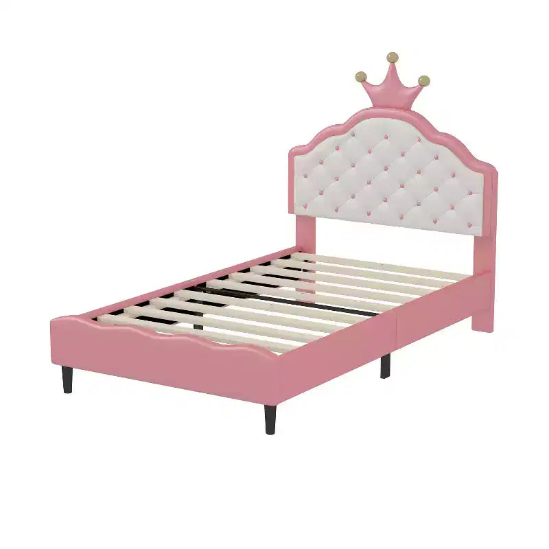 Twin/Full Princess Bed for Girls Kids, Wood Platform Bed Frame with Tufted Headboard, PU Bed Frame with Crown Upholstered Headboard, Pink
