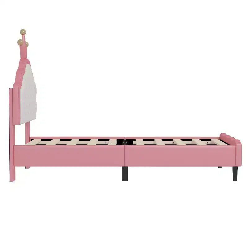 Twin/Full Princess Bed for Girls Kids, Wood Platform Bed Frame with Tufted Headboard, PU Bed Frame with Crown Upholstered Headboard, Pink