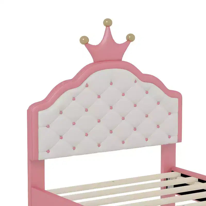 Twin/Full Princess Bed for Girls Kids, Wood Platform Bed Frame with Tufted Headboard, PU Bed Frame with Crown Upholstered Headboard, Pink