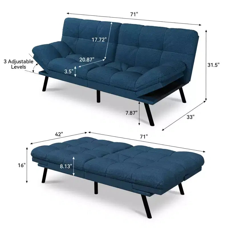 Dyonery 71 Convertible Futon Sofa Bed,Modern Memory Foam Futon Couch with Detachable Cushion,Adjustable Backrest & Armrest