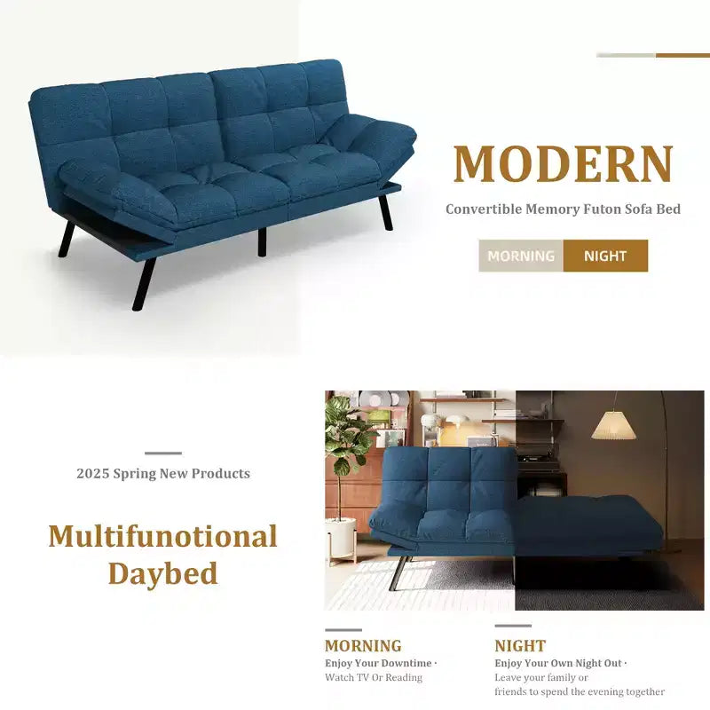 Dyonery 71 Convertible Futon Sofa Bed,Modern Memory Foam Futon Couch with Detachable Cushion,Adjustable Backrest & Armrest